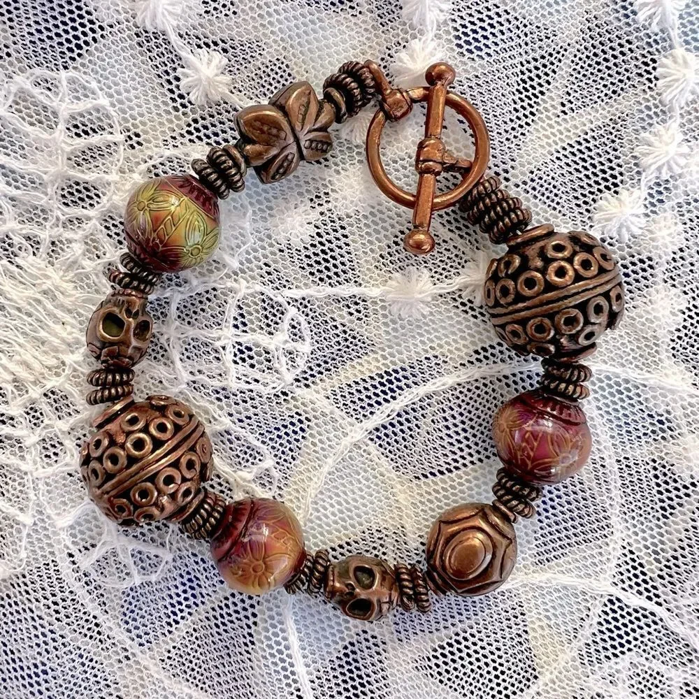 Vintage Boho Copper Beaded Skull Bracelet